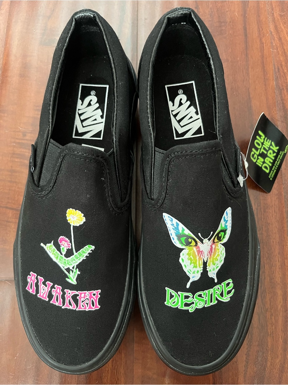 Vans Platform Black Slip-On Shoes with Butterfly & Flower Glow-In-The-Dark Art
